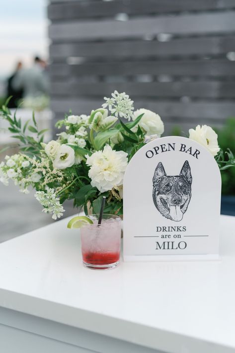 Include your dog in your custom bar sign. Dog Cocktail Sign, Dog Bar Wedding Sign, Wedding Bar Sign With Dog, Wedding Bar Accessories, Wedding Welcome Cocktail Party, Dog Wedding Cocktail Napkins, Wedding Bar Sign Dog, Bar Signage Wedding, Dog Bar Sign