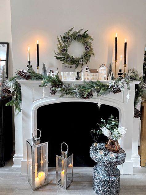 Christmas Mantle Village, Fireplace Christmas Village, Christmas Village On Mantle, Christmas Village Fireplace, Christmas Village Mantle, Christmas Decor Fireplace, Paper Christmas Village, Fireplace Christmas Decor, Architecture Gifts