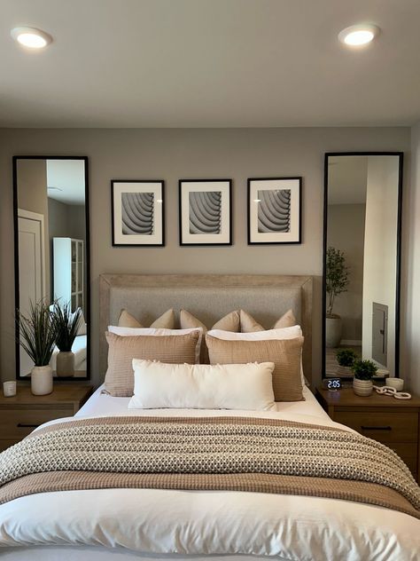 Iamlele.n on LTK Bedroom Styles Aesthetic, Bedroom Sitting Area With Mirror, Arch Mirror Nightstand, Mirrors In Master Bed, Organic Modern Bedroom Mirrors, Long Mirror Behind Nightstand, Bedroom Mirror Above Nightstand, Small Master Room Decor Ideas, Floor Mirror Behind Nightstand