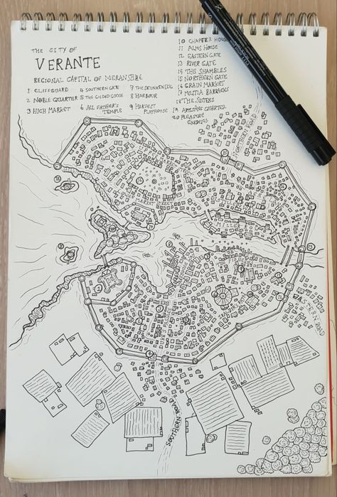 Dnd pen and paper city map. (drawn on train journey so slightly wobbly) Drawing Fantasy City Maps, How To Draw A City Map, Fantasy City Map Drawing, How To Draw Maps, How To Draw A Map, City Fantasy Map, Dnd Map Making, Dnd City Map, Fantasy Map Drawing