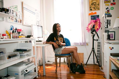 Vashtie Kola in her NYC apartment. Vashtie Kola, Downtown Style, Wine Rack Wall, Nyc Apartment, Household Furniture, House Windows, Cozy Place, Colorful Curtains, Studio Decor