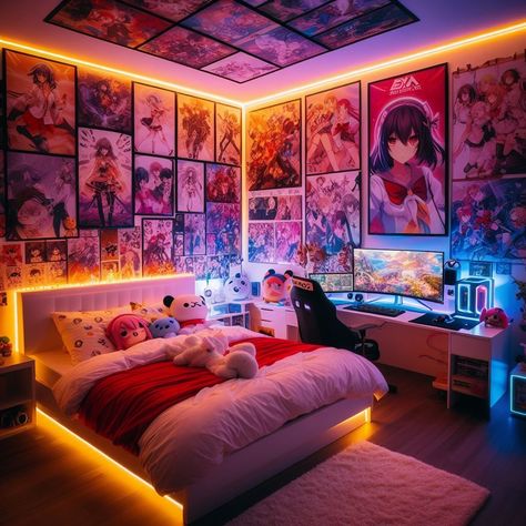 Anime Bedroom LED Anime Posters Japanese Anime Bedroom, Bedroom Anime Ideas, Manga Bedroom Ideas, Anime Theme Bedroom, Anime Inspired Bedroom, Room Anime Decor, Anime Room Ideas Bedrooms, Anime Style Room, Edgy Room Decor