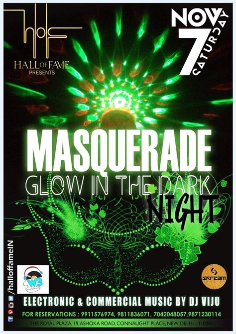 Its gonna be Masqerade Glow in the Dark Night TOMORROW at Hall of Fame. Get yourself prepared for the craziest theme party in town. #masquerade #glow #radium #party #saturdaynight Glow In The Dark Masquerade Party, Dark Masquerade, Middle School Dance, Masquerade Party Decorations, Royal Plaza, Commercial Music, The Dark Night, Dark Party, Fundraiser Ideas