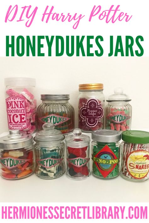 Honey Dukes Free Printable, Diy Harry Potter Candy, Harry Potter Honeydukes Printables, Honeydukes Trolley Diy, Diy Hedwig Owl, Harry Potter Jars, Honeydukes Printables Free, Honey Dukes Diy, Harry Potter Trolly Candy