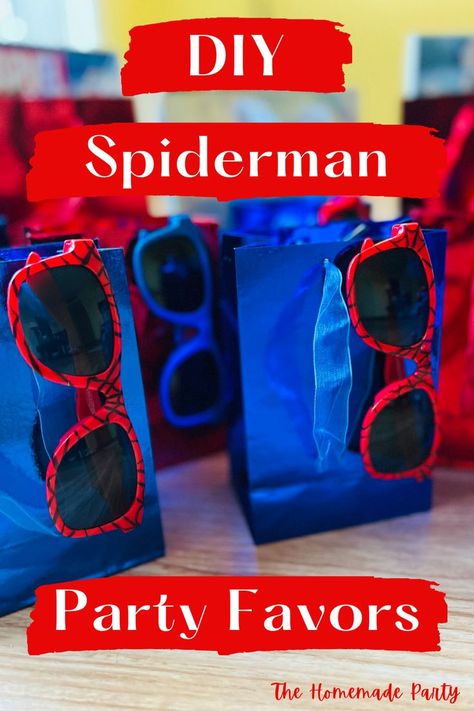 Party favors don't have to break the bank! Check out our affordable, DIY Spiderman party favors that will have all the kids talking. | thehomemadeparty.com | Spiderman Party Bags Ideas, Spiderman Birthday Favors Ideas, Spiderman Fourth Birthday Party, Spiderman Birthday Party Favors Ideas, Diy Spiderman Party Decorations, Spiderman Treat Bags, Spiderman Birthday Goodie Bags, Spiderman 5th Birthday Party Games, Superhero Bday Cake