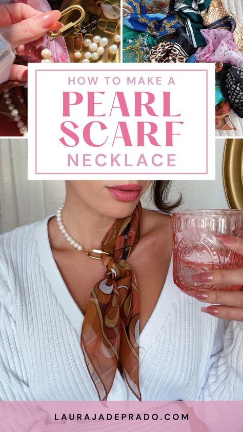 Scarf Jewelry Accessories, Scarf Necklace Diy, Scarf With Pearl Necklace, Scarf With Pearls, Scarf And Pearls, Beaded Scarf Necklace, How To Style Pearl Necklace, Old Jewelry Crafts Ideas, How To Style Pearls