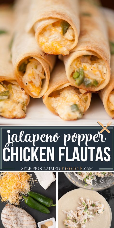 Jalapeno Popper Chicken Taquitos, Finger Foods With Chicken, Mexican Food For Party, Chicken Finger Foods, Chicken Flauta, Finger Foods Chicken, Jalapeno Popper Taquitos, Jalapeno Popper Appetizer, Flautas Recipe