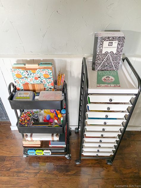 No Homeschool Room, Preschool Homeschool Must Haves, Mobile Homeschool Station, Small House Homeschool Space, Craft Stuff Organization, Homeschool Storage Small Space, Homeschool Supply Caddy, Homeschool Craft Organization, Homeschool For Small Spaces