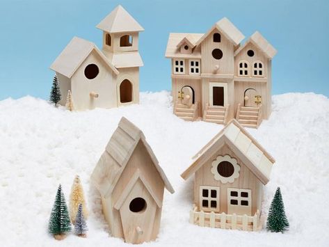 Diy Christmas Village Houses, Holiday Birdhouses, Homemade Gingerbread House, House Renos, Holiday Houses, Birdhouse Craft, Diy Christmas Village, Wooden Bird Houses, Hgtv Magazine