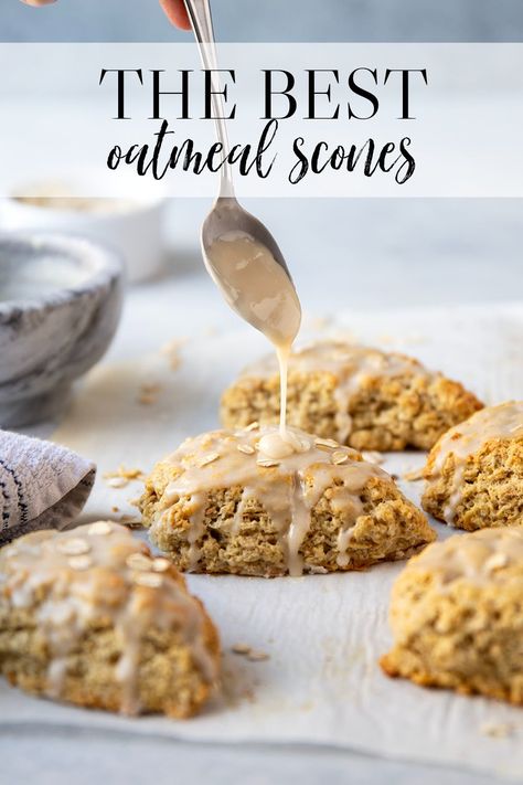 Packed with tender oats and drizzled in a sweet maple glaze, these scones are soft, flaky, and truly the best ever! Oatmeal Raisin Scones, Oatmeal Scones Healthy, Maple Oat Scones, Amaretto Scones, Oatmeal Scones Recipe, Maple Oatmeal Scones, Scones Recipe Healthy, Protein Scones, Oat Scones Recipe