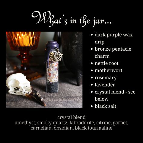 A spell jar full of the magick of Samhain. Black salt, nettle root, motherwort, rosemary and lavender with a crystal blend that includes amethyst, labradorite, garnet, carnelian, obsidian, black tourmaline, citrine and smoky quartz. Each ingredient selected for its association with protection, journey work, ancestor work, lucid dreaming and their associations with the thinning of the veil during the Samhain season. Each bottle features a bronze pentacle and is sealed with dark purple wax. These Samhain Spell Jar, Samhain Wreath, Ancestor Work, Wiccan Supplies, Truth Spell, Herb Tinctures, Witches Jar, Witchy Tips, Spell Jars