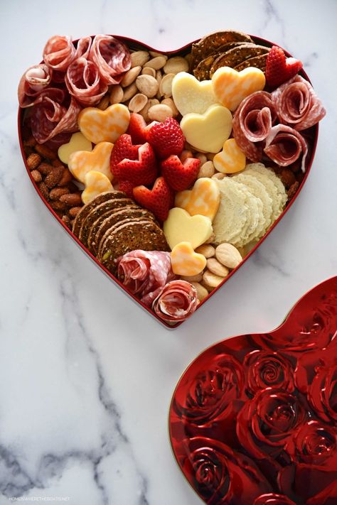 'Heart Cuterie', charcuterie for a Valentine's Day, assembled and served in a heart-shaped candy box #valentinesday #charcuterie Heart Charcuterie Board, Cuterie Board, Heart Charcuterie, Edible Centerpieces, Candy Cone, Heart Shaped Candy, Parmesan Crisps, Sampler Box, Spice Cake Mix