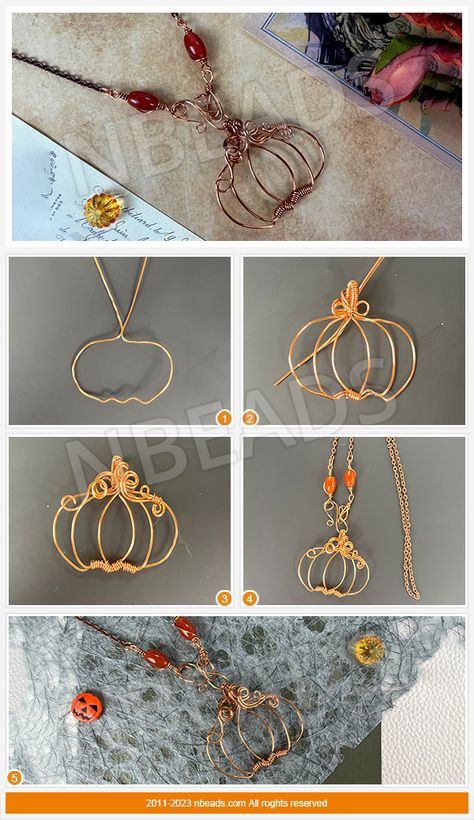 Wire Wrap Pumpkin Pendant Tutorial, Wire Bead Pendant, Pumpkin Wire Wrap, Wire Wrap Necklace Diy, Fall Wire Wrapped Jewelry, Spooky Wire Wrap, Wire Jewelry Designs Necklaces, Halloween Wire Jewelry, Halloween Wire Wrap