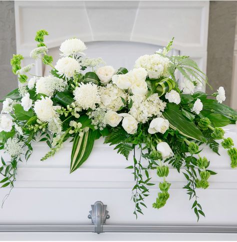 White Casket Spray, White Casket, Casket Spray, Bells Of Ireland, Unique Floral Arrangements, Casket Sprays, Memorial Flowers, Local Florist, White Roses