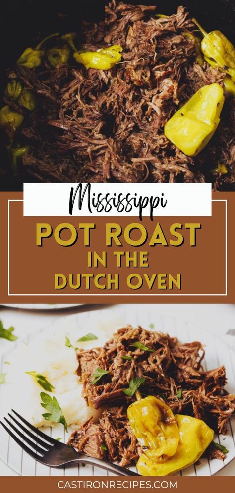 This mississippi pot roast in a dutch oven is made with simple ingredients for a hearty weekend meal. Shredded beef combined with the comforting taste of butter, oil, and seasonings for an irresistible flavor the whole family will love! Better still, this Mississippi Pot Roast is scratch-made without an au jus or ranch packet. This is a recipe the whole family will love! Oven Baked Mississippi Pot Roast, Italian Beef Dutch Oven, Mississippi Pot Roast Stove Top, Missippi Pot Roast In Oven, Mississippi Pot Roast Oven Recipe, Mississippi Roast In Oven, Mississippi Pot Roast In Dutch Oven, Beef Roast Dutch Oven, Dutch Oven Mississippi Pot Roast