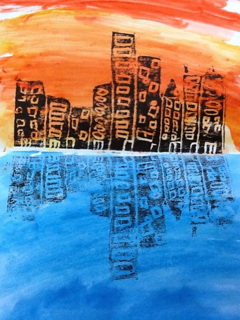 Art with Mrs. Elliott : Skyline Prints- RES Skyline Image, Printmaking Projects, Reflection Painting, Reflection Art, 4th Grade Art, Watercolor Water, City Sky, Art Lessons For Kids, Art Lessons Elementary