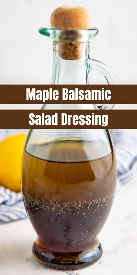 Tangy and sweet, this delicious Maple Balsamic Salad Dressing pairs perfectly with a fresh leafy salad. The balsamic vinegar adds a deep, rich flavor, while the maple syrup gives you the perfect hint of sweetness. Maple Vinaigrette Salad, Harvest Salad Dressing Recipes, Homemade Fall Salad Dressing, Apple Balsamic Dressing, Maple Syrup Vinaigrette Dressing, Maple Syrup Dressing Vinaigrette Recipe, Winter Salad Dressing Recipes, Thanksgiving Salad Dressing, Maple Vinegrette Dressing