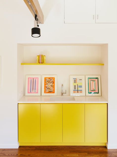 Photo 10 of 25 in 25 Playful Homes Splashed With Vibrant Pops of Yellow from Wood Paneling Loses its Dated Reputation With This Renovation of a 1959 Portland Gem - Dwell Yellow Cabinets, Office Cabinet, Yellow Interior, Minimalist Kitchen, Minimalist Living, Minimalist Interior, Mid Century House, Küchen Design, Minimalist Bedroom