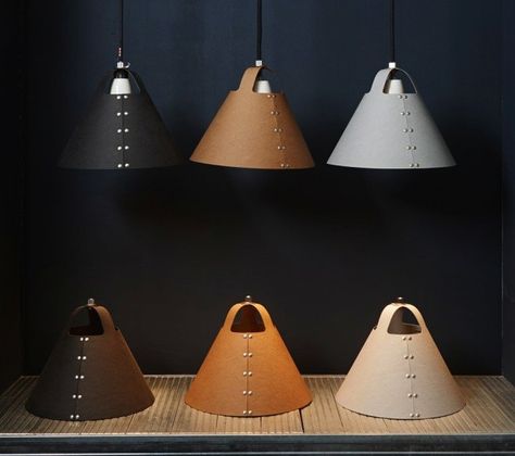 Shigeki Fujishiro's Rivet Lampshades / The Rivet lampshade consists of a single piece of vulcanized fiberboard, a material made of wood pulp and cotton that's typically used for electrical insulation. Above L: It hangs over Fujishiro's desk. Above R: The Rivet Lamp can be ordered from UK shop Folklore for £75. Crea Cuir, Table Lighting, Deco Nature, Leather Workshop, Led Decor, Leather Decor, Diy Lamp, Leather Projects, Leather Furniture