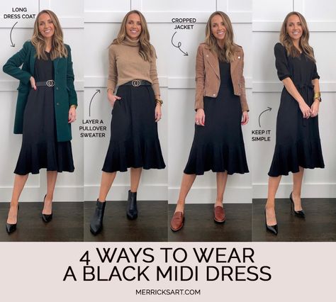 Black Midi Dress Outfits (4 Cute Looks) - Merrick's Art Midi Dress Jacket Outfit, Summer Black Dress For Fall, 1 Dress Multiple Outfits, Fall Black Midi Dress Outfit, Midi Dress With Shirt Over, Black Midi Dress Street Style, Cardigan For Black Dress, Midi Black Dress Outfit Winter, Belted Dress Outfit Winter