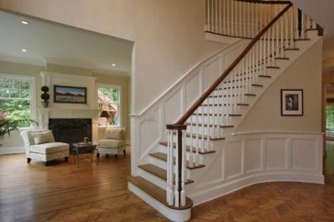 could start the wainescotting under the stairs and carry into the great room? Center Hall Colonial Living Room, Colonial Living Room Ideas, Georgian Colonial House, Colonial House Interior Design, Colonial Renovation, Colonial Remodel, Colonial Living Room, Colonial House Interior, House Foyer