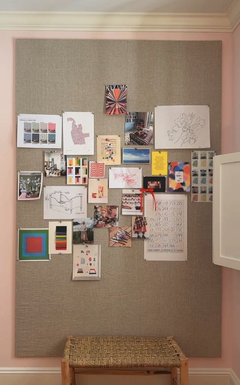 How to Make a Lightweight, Fabric-Covered Pinboard for Your Home Office - The Aesthetics of Joy by Ingrid Fetell Lee Cork Walls Bedroom, Work Office Picture Display, Corkboard Wall Office, Desk With Pinboard, Pin Board Office, Colorful Studio Apartment Ideas, Office With Cork Board, Cork Boards Ideas For Bedroom, Diy Fabric Cork Board