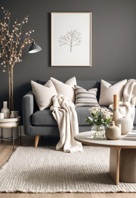 Dark Grey Couch Living Room Ideas Grey Couch With White Pillows, Grey Couch Color Palette, Dark Grey Couch Throw Pillow Ideas, Sofa And Two Recliners Layout, Grey Couch Cozy Living Room, Decorate Grey Couch, Grey Couch White Pillows, Grey Sofas Living Room Color Schemes, Dark Grey And Cream Living Room