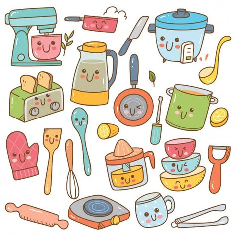 Set of kawaii kitchen equipment | Premium Vector #Freepik #vector #food #restaurant #cartoon #kitchen Kitchen Equipment Drawing, Utensils Drawing, Kawaii Kitchen, Colorful Stationery, Chat Kawaii, Kitchen Drawing, Kawaii Cooking, Food Collection, 강아지 그림