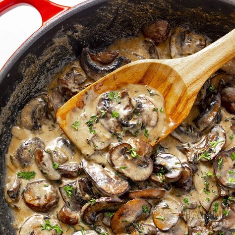 Creamy Mushroom Sauce (For Steak, Chicken & More) Mushrooms Cream Sauce, Vegan Creamy Mushroom Sauce, Mushrooms Steak Topping, Creamy Mushroom Sauce For Chicken, Steak Mushroom Cream Sauce, Cream Of Mushroom Uses, Creamy Mushroom Steak Sauce, Mushroom Sherry Sauce, White Wine Steak Sauce