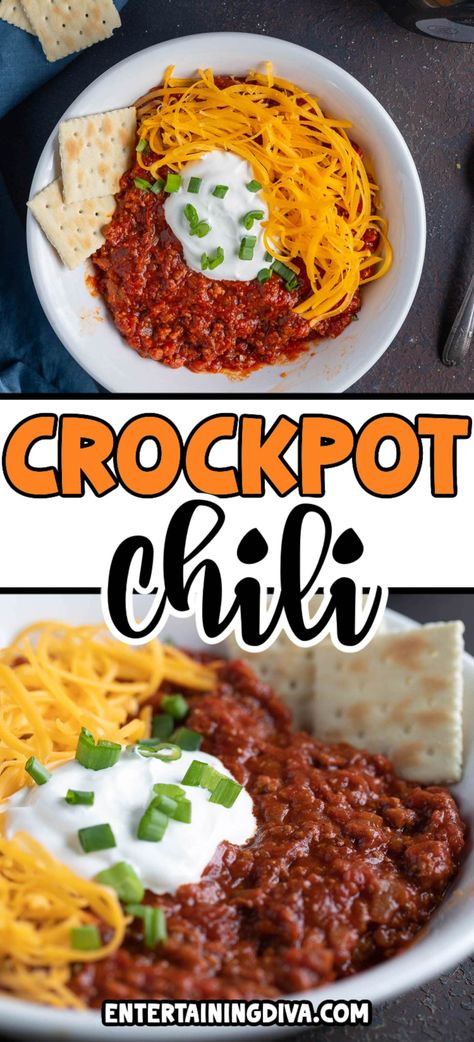 Easy Crock Pot No Bean Chili Chili Recipe Homemade, Chilli Recipe Crockpot, Easy Crockpot Chili, Easy Chili Recipe Crockpot, Slow Cooker Ground Beef, Cooking Onions, Frito Pie, Potluck Dinner, Chili Recipe Crockpot