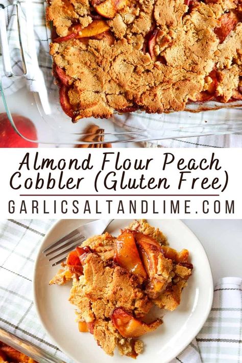 I have a yummy, old fashioned, from scratch, glutenfree, 9 x 13 peach cobbler recipe for you! Filling is made using fresh peaches, cinnamon, cloves & agave. Topping is almond flour & naturally sweetened with date paste. This dessert or breakfast idea contains no milk or butter, is free of dairy & has no refined sugar. GF, DF & vegetarian! This stone fruit dessert can be topped with dairy free whip or ice cream if desired. It's perfect for a late summer or fall baby shower or bridal shower! Almond Flour Peach Cobbler, Almond Flour Peach Cobbler Recipe, Peach Cobbler With Almond Flour, Flour Desserts, Vegan Peach Cobbler, Poetry Teatime, Gluten Free Peach Cobbler, Freezer Cookies, Vegan Peach