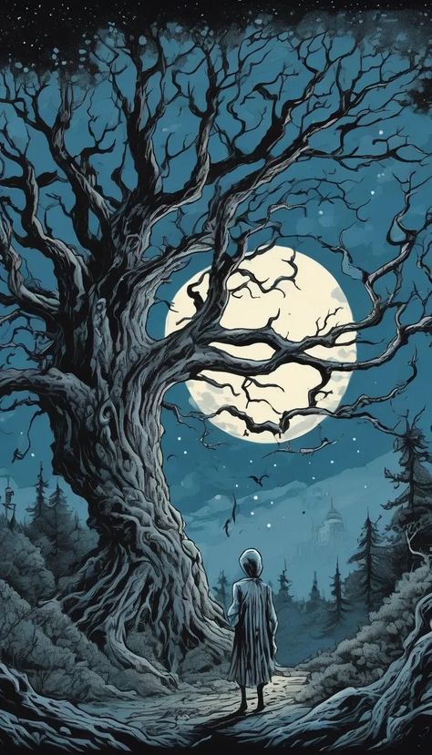 Lovecraftian Eldritch high gothic Tim Burton style, dirty colors, Cthulhu, full moon, trees Gothic Style Wallpaper, Tim Burton Landscape, Tim Burton Tree, Graveyard Tattoos, Halloween Watercolor Art, Tim Burton Vibes, Halloween Imagem, Tim Burton Drawings, Halloween Watercolor