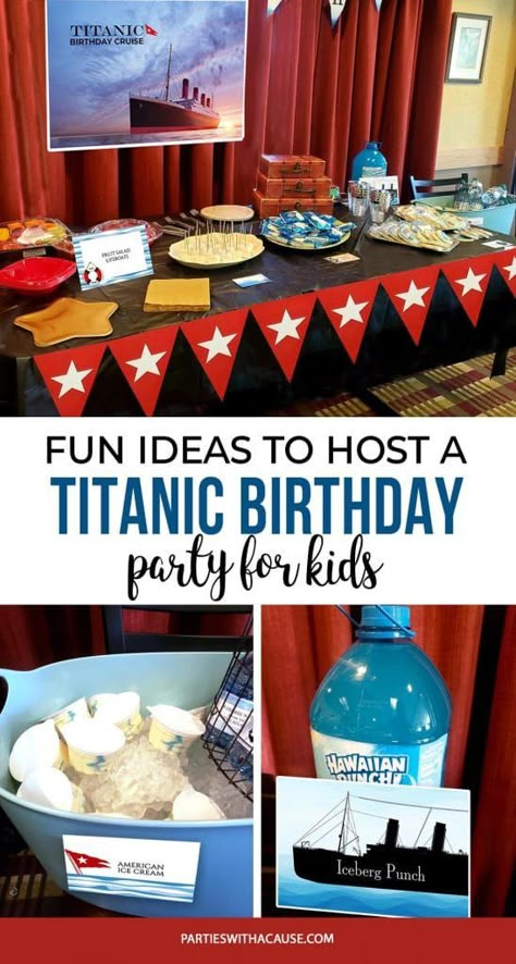 Titanic Movie Night Ideas, Diy Titanic Decorations, Titanic Party Decorations Diy, Titanic Birthday Party Favors, Titanic Theme Birthday Party, Titanic Birthday Decorations, Titanic Gift Ideas, Titanic Themed Snacks, Titanic Birthday Invitation