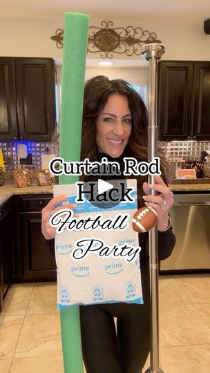 25K views · 4.7K reactions | 🏈 Superbowl Curtain Rod Hack

Comment “Curtain” and I'll send you all the details on this hack. 

You didn't think I would pass up the Superbowl for this curtain rod hack, did you?!? 

Everyone congregates in the kitchen, so why not decorate it? This was a quick and easy way to tie in the theme for the big day! I love how the little footballs look like they are sitting on grass. And you can't beat the simplicity of taping footballs to the cabinets to top off the look. 
*Foam roll and St. Patrick's garland are from Dollar Tree.

#bethanyscasa #superbowlparty #superbowlparties #easydiy #curtainrods #simplediy #footballdiydecor #hacks #gamedayready🏈 #diyhacks #decorhacks | Bethany Mortellaro | Gary Glitter · Rock 'n' Roll (Part 2) Football Garland Diy, Dollar Tree Football Decor, Curtain Rod Garland, Football Garland, Gary Glitter, Glitter Rocks, Foam Roll, Tie Ideas, Football Decorations