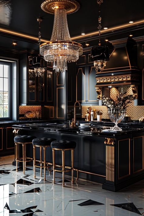 29 Art Deco Kitchen Ideas for a Glamorous Makeover Art Deco Kitchen Ideas, Art Deco Kitchen Design, Modern Art Deco Kitchen, Regency Art, Black Modern Kitchen, Art Deco Ideas, Glam Kitchen, Deco Kitchen, Art Deco Kitchen