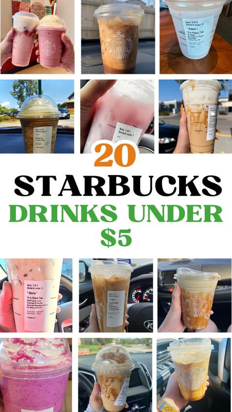 20 Starbucks Drinks Under $5 (or Around That!) - Coffee Taste Corner. Save money at starbucks with this list of the best starbucks drinks to order at starbucks for less than $5 so you can get a sweet treat while you are on a budget! budget friendly starbucks drinks to order. tips to save money starbucks 5 Dollar Starbucks Drinks, Best Things To Order At Starbucks, Good Dunkin Drinks To Order, Interesting Starbucks Drinks, Best Coffee From Starbucks, Simple Sweet Starbucks Drinks, Best Starbucks Espresso Drinks, Iced Flat White Starbucks, Small Starbucks Drinks