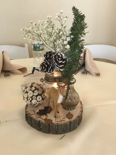 Woodland Baby Shower Centerpieces, Sellers Cabinet, Woodland Baby Shower Ideas, Winter Wedding Party, Woodsy Baby Showers, Woodland Centerpiece, Snowflake Centerpieces, Diy Winter Wedding, Theme Bapteme