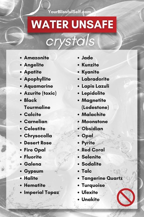 Check out which crystals are water unsafe and download your free printable PDF to keep for future reference. For plenty of FREE printable materials with crystals, chakras, chakra yoga, Reiki, and many more head to YourBlissfulSelf ('Freebies' Section). ❤️ Water Unsafe Crystals, Crystals Safe In Water, Crystal Elixir Recipes, Crystals That Can Go In Water, Identifying Crystals, Water Safe Crystals, Crystals Benefits, Crystals Chakras, Elixir Recipe