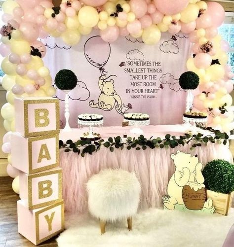 Pooh Baby Shower Ideas, Pooh Balloon, Winnie The Pooh Birthday Party, Pooh Birthday Party, Pink Girl Birthday, Girl Shower Themes, First Birthday Balloons, Pooh Birthday, Winnie The Pooh Baby Shower