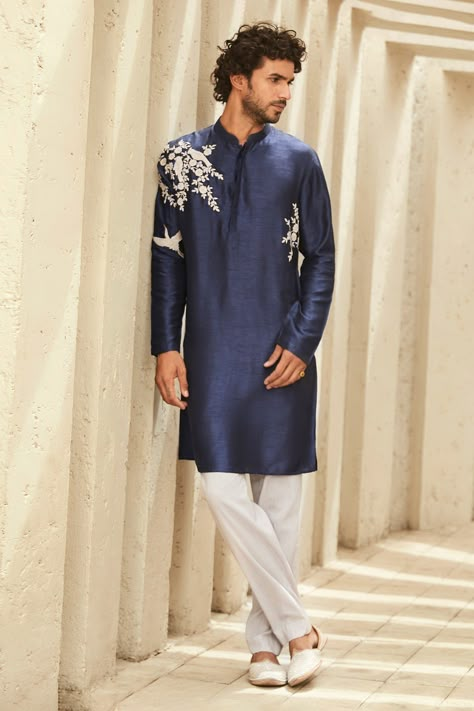 Shop for these amazing collections of Blue M.b R Silk Embroidered Zari Dori Heritage Noir Placement Kurta Set For Men by MATSYA online at Aza Fashions. Mans Kurta Embroidery Design, Men Kurta Embroidery Design, Men Embroidery Kurta Design, Mens Kurta Embroidery Designs, Trending Kurta For Men, Embroidery Kurta For Men, Mens Designer Kurta, Buta Design, Kurta Designs Men's