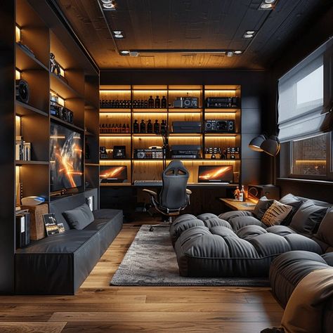 Home Office Entertainment Room, Modern Luxury Study Room, Gaming Room Storage Ideas, Organic Modern Game Room, Modern Office Library, Modern Art Studio Design, Gaming Interior Design, Desk With Tv Above It, Working Room Design Home