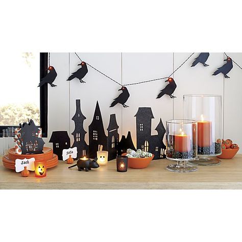 Raven String Lights in Halloween | Crate and Barrel Orange Candles, Haunted Village, Modern Halloween Decor, Spooky Ideas, Halloween Office, Silhouette Paper, Orange Candle, Modern Halloween, Halloween Centerpiece