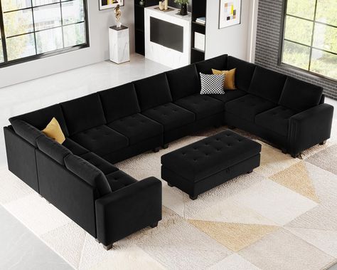 PRICES MAY VARY. Space Saving & Movable Ottoman:The ottomans of this modular sectional sofa set can be moved freely. It can be connected with the sofa seat to form a long chaise, giving you enough space to lie down and relax.And the ottomans has an extra storage space which is large enough to put extra pillows, blankets, books or holiday decorations, makes things more uniform and organized. Pet Friendly & Easy to Clean:The velvet fabric makes this U shaped sofa not only elegant and retro, but al Black Sectional Living Room, Oversized Couch Sectional, Storage Seats, Black Sectional, U Shaped Sectional Sofa, Couch With Ottoman, Sofa With Storage, Modular Couch, Velvet Sectional