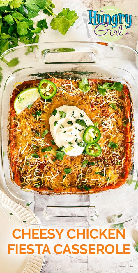 Healthy Cheesy Chicken Fiesta Casserole Recipe | Hungry Girl Chicken Fiesta Casserole, Fiesta Casserole, Chicken Fiesta, Healthy Eating Guide, Dinner Recipes Healthy Low Carb, Hungry Girl Recipes, Low Carb Low Fat Recipes, Food Time, Low Sugar Recipes