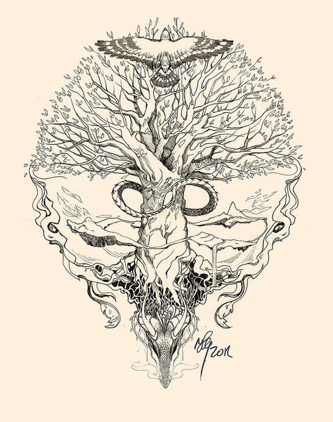 Yggdrasil Yggdrasil Tattoo, Tato Maori, Tattoo Tree, Kunst Tattoos, Norse Tattoo, Nordic Tattoo, Mythology Tattoos, Tree Of Life Tattoo, Celtic Tree Of Life