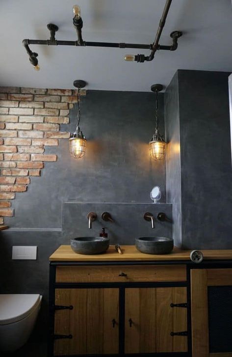 Concrete And Brick Industrial Style Bathroom Estilo Industrial Chic, Design Portfolio Layout, Industrial Bathroom Design, Industrial Style Bathroom, Industrial Home Design, Beton Design, Industrial Bathroom, Industrial Interior Design, 카페 인테리어 디자인