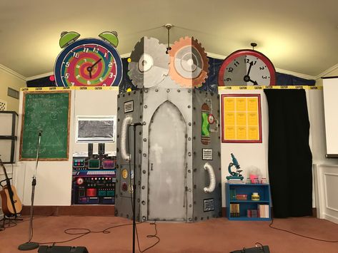 #AnswersVBS #TimeLab set close-up, Calvary Baptist, Cleveland, MS Time Machine Decorations, Science Summer Camp, Time Travel Machine, Fair Theme, Halloween Science, Science Birthday, Wood Christmas Tree, Paper Christmas Tree, Classroom Walls