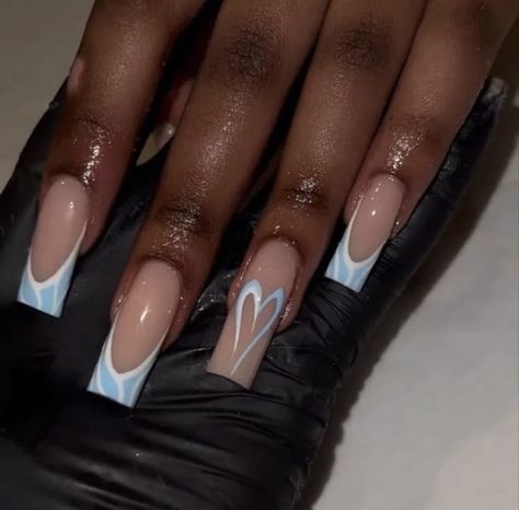 follow for more! Green And Blue Nail Ideas, Blue And White Nails Designs, Short Acrylic Nails Designs Blue, White Nails With Blue Design, Baby Blue And White Nails, Blue Square Acrylic Nails, Blue Nail Inspo Acrylic, Blue And White Nail Designs, Baby Blue Nails Ideas