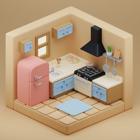 ArtStation - Smooth 3D Kitchen Anime Houses, Kitchen Blenders, 3d Modeling Tutorial, Isometric Art, Sims House Design, Blender Tutorial, Isometric Design, Low Poly Models, Kitchen Concepts