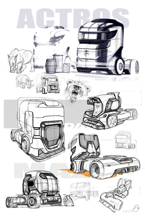 Trucks on Behance Truck Design Sketch, Transportation Design Sketch, Truck Concept Art, Product Design Sketching, Truck Sketch, Concept Truck, Truck Concept, Product Sketch, Mercedes Actros